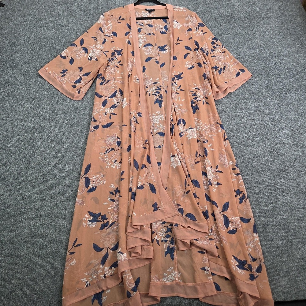 Torrid Kimono Jacket Womens 3/4 Pink Floral Chiffon Long Duster Lightweight